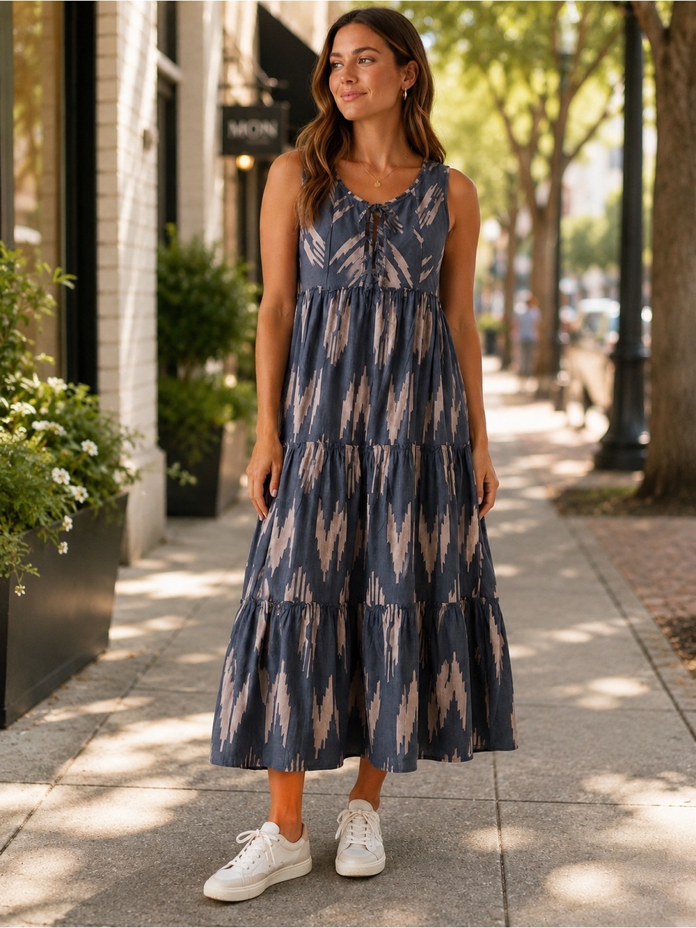 Cotton & Rye Blue and Beige Tiered Midi Dress with Tie Neck Size S